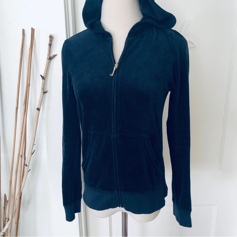 Vintage Juicy Couture Navy Blue Velour Hoodie Zip Up Jacket Womens Size Medium